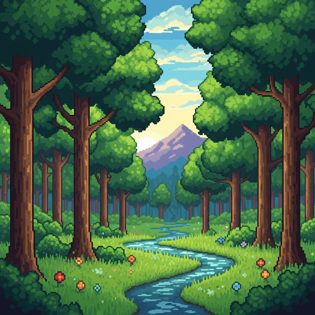 Pixelated forest with a mountain