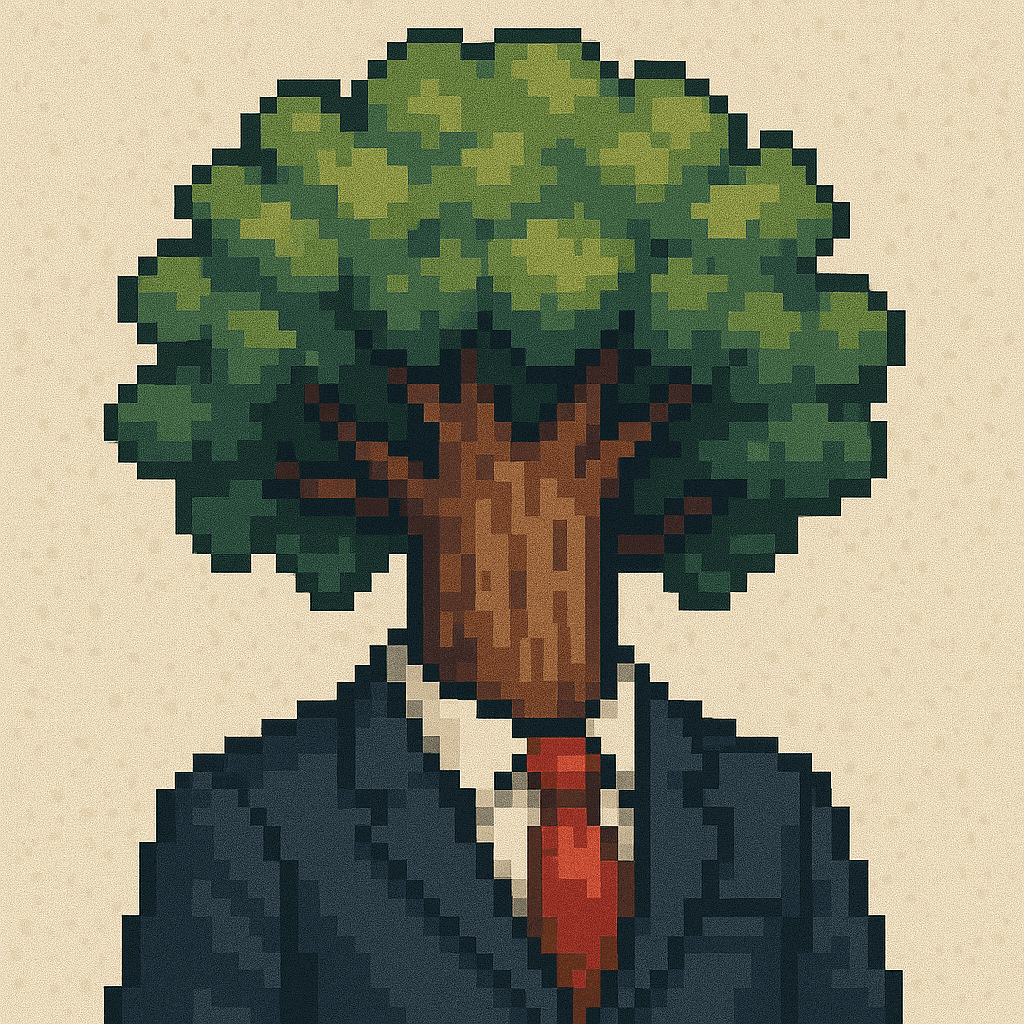 Pixelated tree wearing a suit
